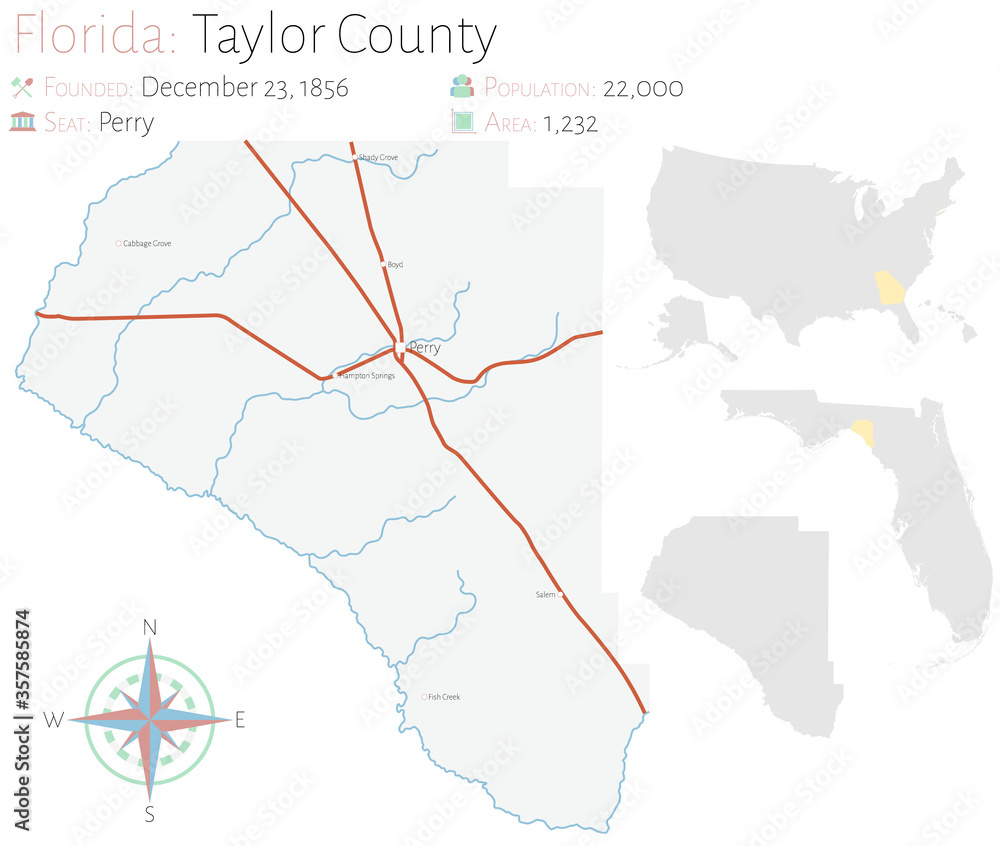 Large and detailed map of Taylor county in Florida, USA.