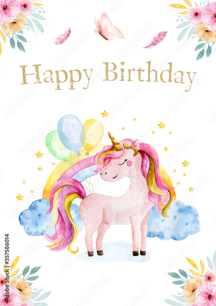 Hand drawn greeting card white cute watercolor unicorn and rainbow ...