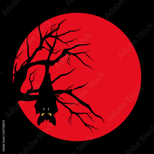 vampire bat hanging on bare tree branch against red full moon - halloween theme vector character design