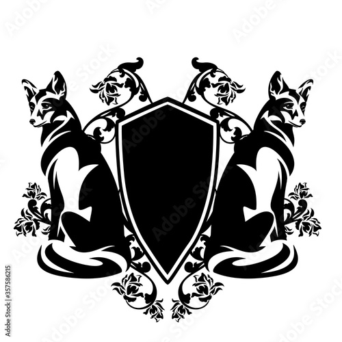 Fotografi wild foxes sitting by heraldic shield among rose flower decor - antique style co