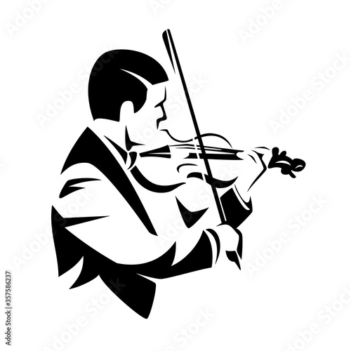 male musician playing violin instrument - classical music performance black and white vector portrait