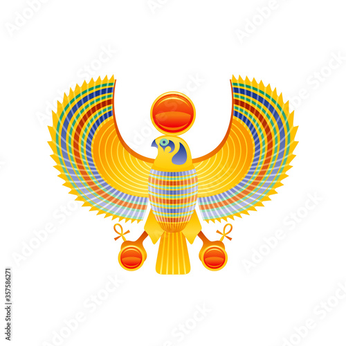 Egyptian falcon. Horus & Ra god symbol. Falcon bird character with golden wing from ancient Egypt art. Cartoon 3d realistic statue icon. Old style vector illustration isolated on white background.