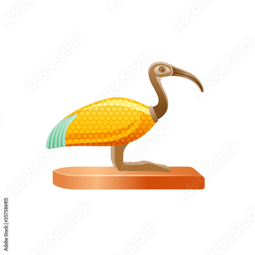 Ibis bird, ancient Egyptian god Thoth symbol. Deity of wisdom, writing, hieroglyph, science. Golden decorated wing. 3d cartoon vector illustration. Old art icon from Egypt isolated on white background