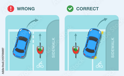 Right turn rules. Sedan car and cyclist on a bicycle. Flat vector illustration.