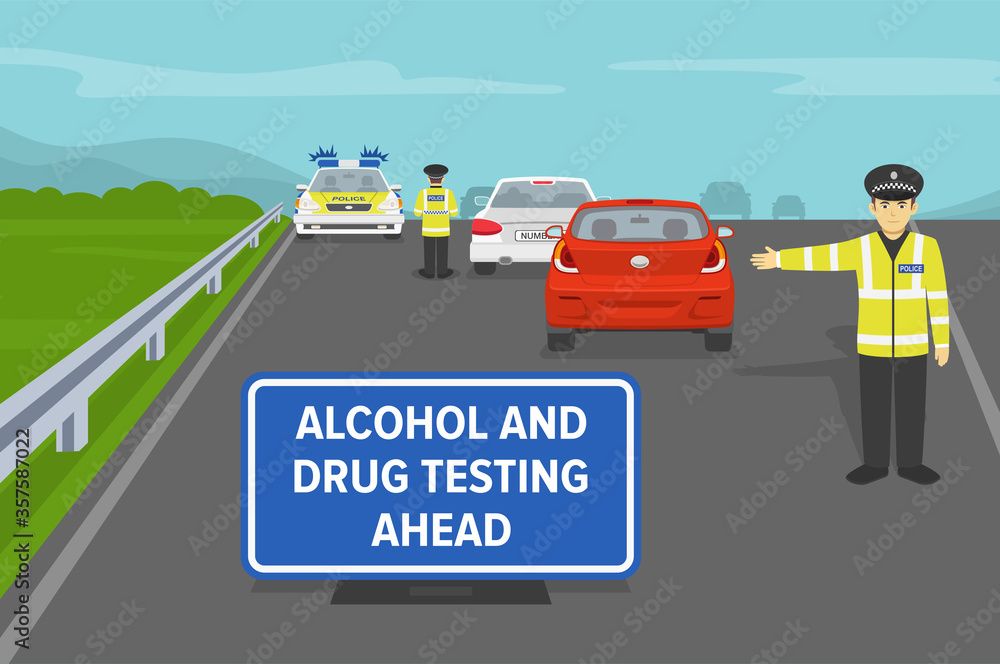 Roadside alcohol and drug testing. Police officers testing drivers on