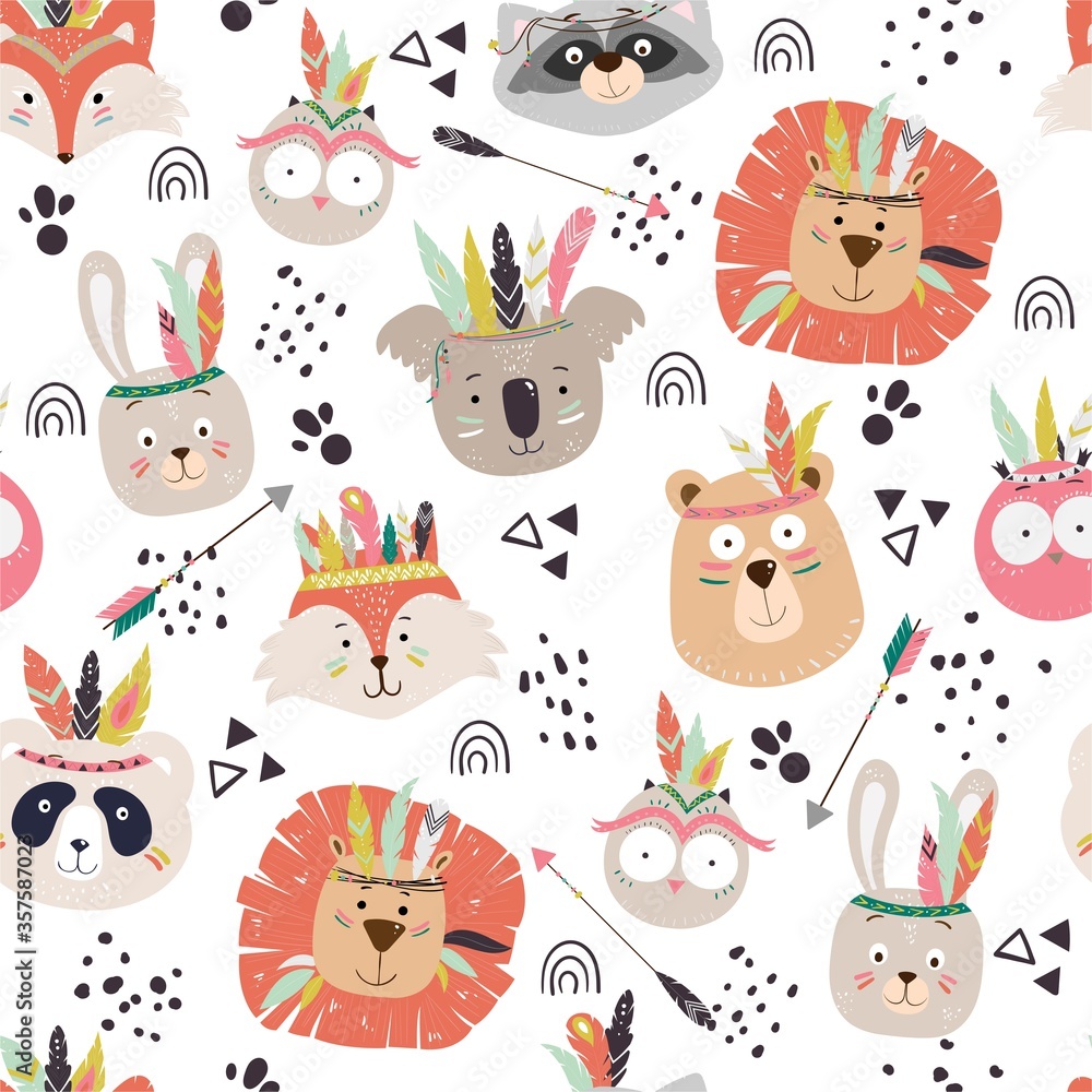 Naklejka premium Seamless vector chuldish pattern with cute tribal animal faces. Scandinavian style illustration, indians with feathers