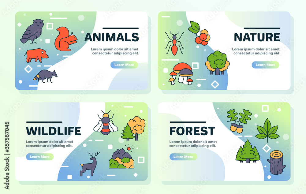 Vector color linear icon set of forest objects