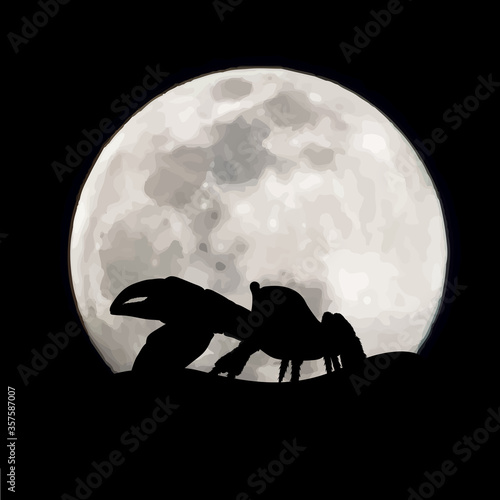 Vector silhouette of crab on moon background. Symbol of night.