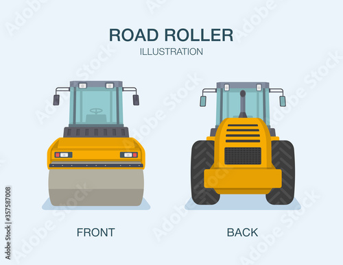 Road roller machine. Front and back view. Flat vector illustration.