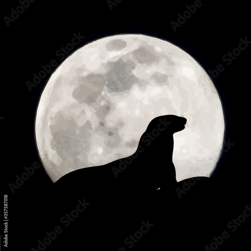 Vector silhouette of sea lion on moon background. Symbol of night.