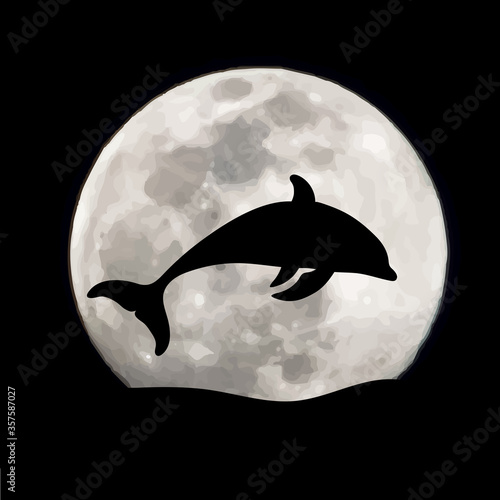 Vector silhouette of jumping dolphin on moon background. Symbol of night.