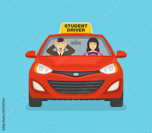 Scared driving school instructor sitting in car next to a female student driver. Woman driving a red car. Flat vector illustration.