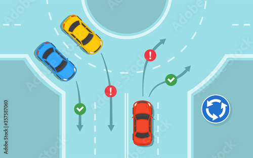 Top view of cars on roundabout junction road. Safety traffic rules. Flat vector illustration.