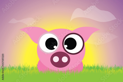 Vector silhouette of pig staying in the grass at sunset. Symbol of animal.