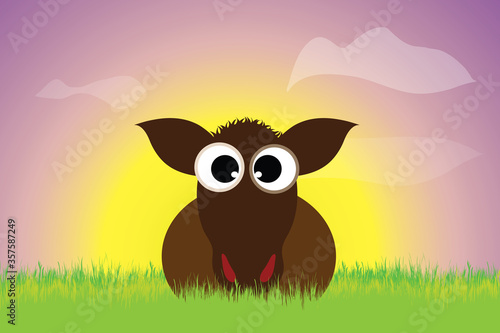 Vector silhouette of cow staying in the grass at sunset. Symbol of animal.