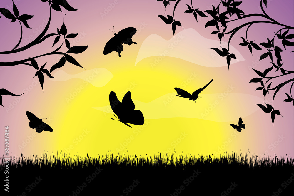 Fototapeta premium Vector silhouette of flying butterflies at sunset. Symbol of nature.