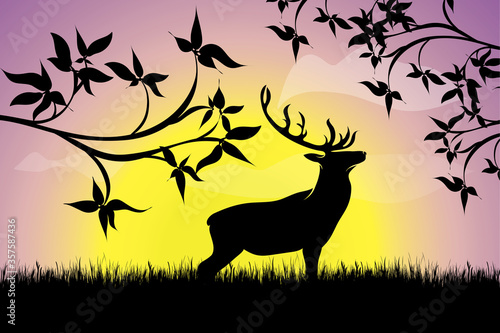 Vector silhouette of deer in the grass at sunset. Symbol of nature.