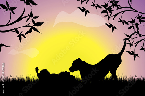 Vector silhouette of couple of dogs playing in the grass at sunset. Symbol of nature. © majivecka
