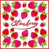 Vector square pattern for shawl : red ripe strawberry with fresh green leaves and hand written lettering in frame. Colorful summer design for textile with delicious berries. 