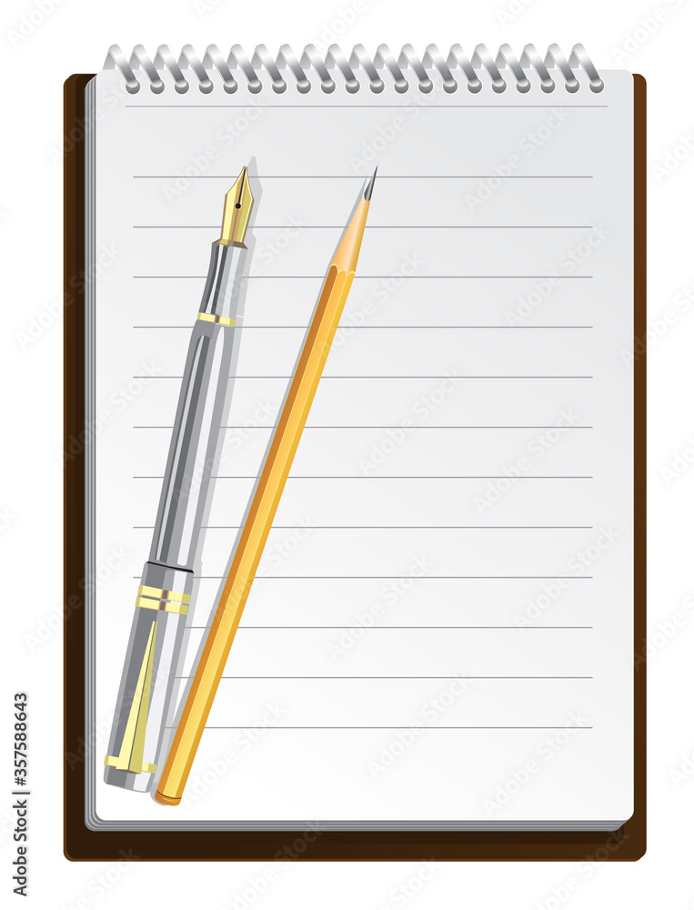Notebook background in lines with pen and pencil Notebook background in lines with pen and pencil