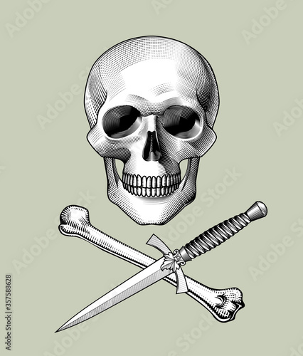 Engraved drawing of a human skull full face with crossed dagger and bone