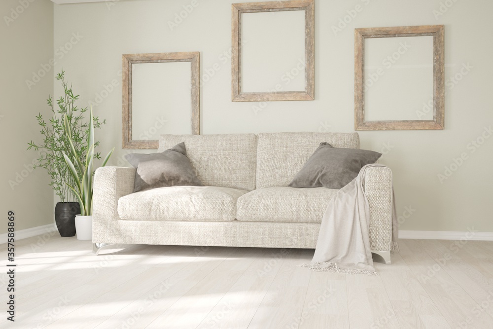 modern room with sofa,pillows,plaid,frames interior design. 3D illustration modern room with sofa,pillows,plaid,frames interior design. 3D illustration
