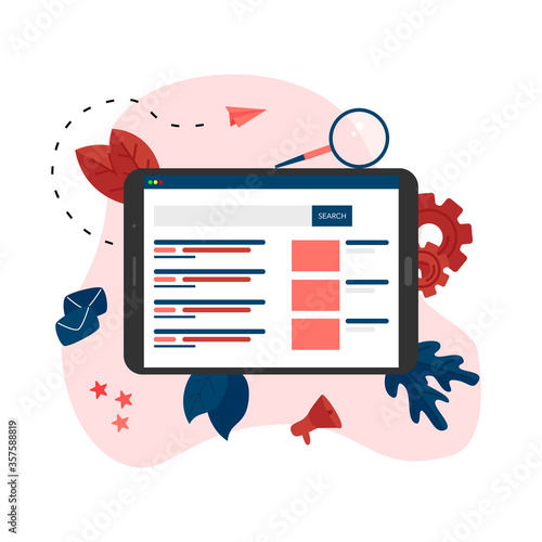 Web template. Search engine result pag vector, Page showing search results of a query, web search concept on smartphone	

