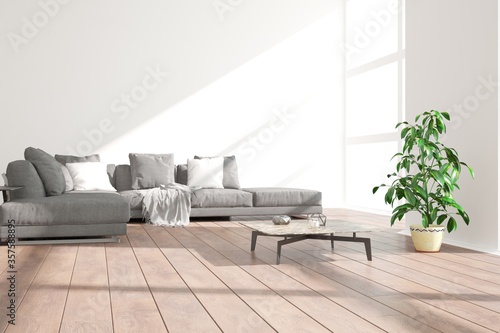 modern room with sofa,pillows,plaid,table,plant interior design. 3D illustration