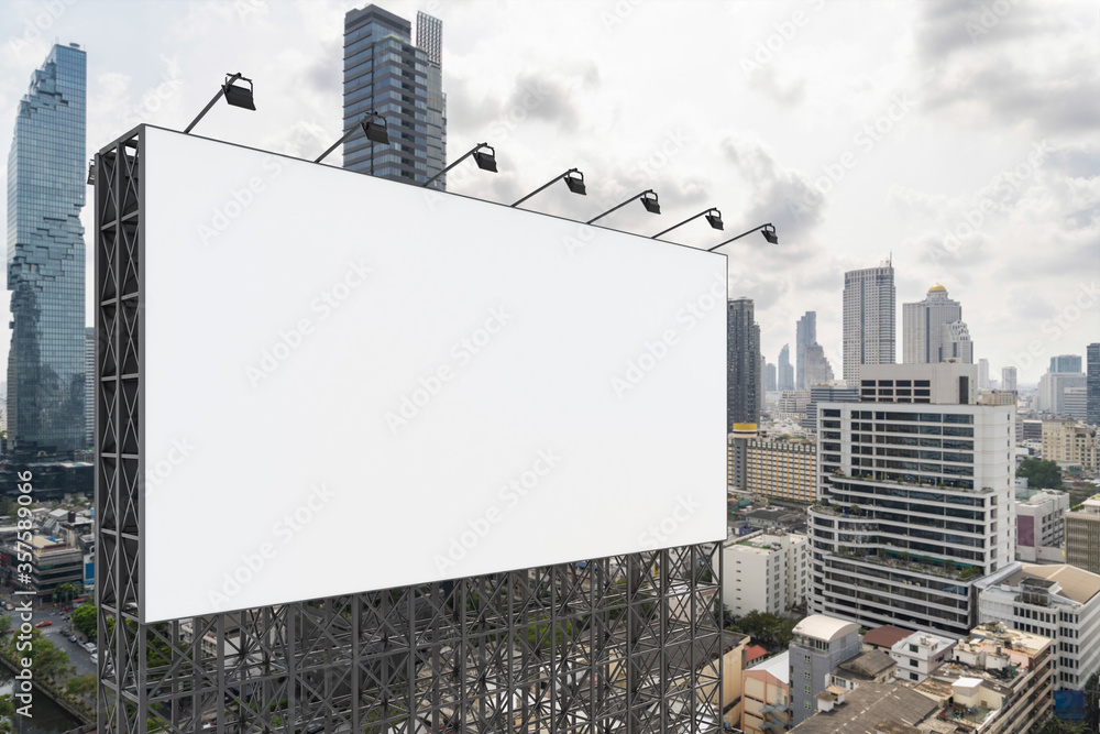 Obraz premium Blank white road billboard with Bangkok cityscape background at day time. Street advertising poster, mock up, 3D rendering. Side view. The concept of marketing communication to promote or sell idea.