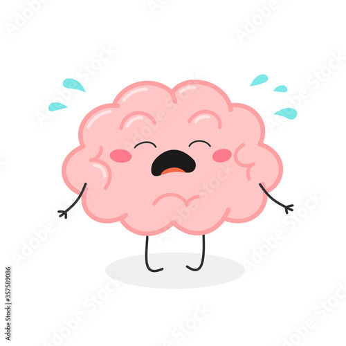 Cute crying cartoon brain character vector illustration