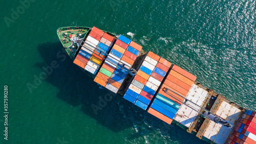 Aerial view container cargo ship in ocean, Business industry commerce global import export logistic transportation oversea worldwide, Sea shipping company vessel.