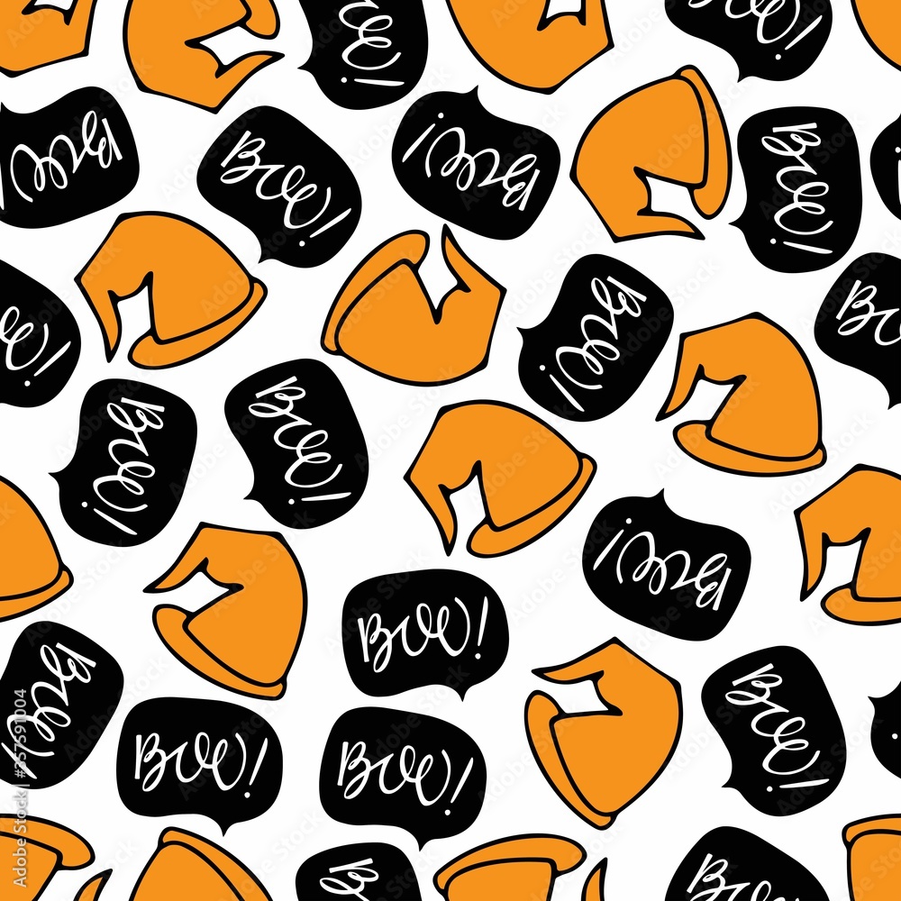 Halloween seamless pattern. Black talking bubble with white Boo lettering and orange witches hat. Vector halloween illustration. For packings, wrappers, greeting card, banner, party decor