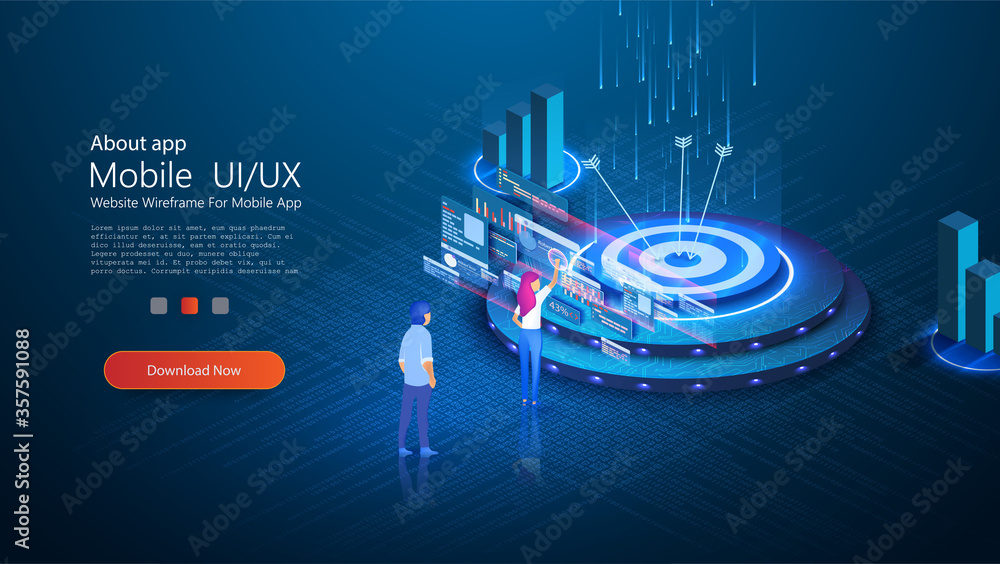 People in the team analyze dioramas and graphics. Report, sales target, marketing illustration. Setting a marketing goal correctly. Data visualization concept. Isometric vector illustration