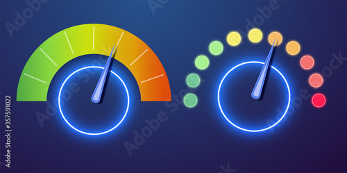 Futuristic neon customer satisfaction meter, speedometer. The concept of low-risk, low, medium or high risk on the speedometer Vector illustration.
