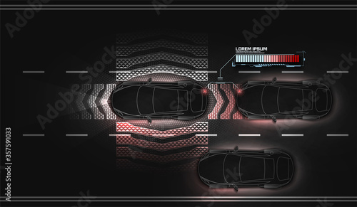 The prevention of the accident. Autonomous car driving on road with sensing systems. Smart vehicle scans way observe distance and parking driverless, top view. Future concept system. White black image