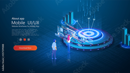 People in the team analyze dioramas and graphics. Report, sales target, marketing illustration. Setting a marketing goal correctly. Data visualization concept. Isometric vector illustration