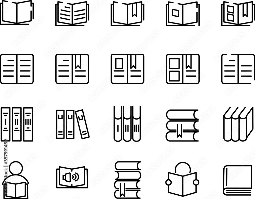 Set of 20 book thin line icons. High quality pictograms of read. Modern outline style icons collection. Diary, library, pages, textbook, etc. Set of 20 book thin line icons. High quality pictograms of read. Modern outline style icons collection. Diary, library, pages, textbook, etc.