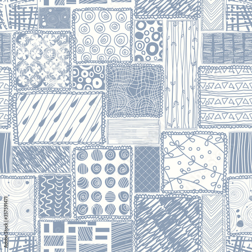 Vector abstract seamless doodle pattern. Blue white hand drawn patchwork. Creative collage for ceramic tile, wallpaper, wrapping paper, card, cover, textile, web page background