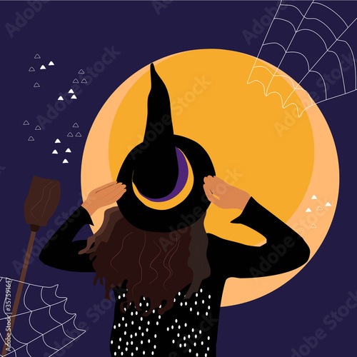 A girl in a witch costume stands with her back and looks at the moon. Greeting card or invitation to Halloween party with spider web and broom around.Wizard in a pointed hat at night.Hand drawn vector