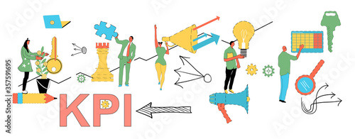 Key Performance Indicator (KPI) vector illustration with ihfographics element,icons for business, teamwork,target,keys. Office workers in different poses. Growth curve with hand drawn arrows strategy.