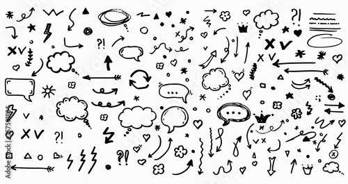 Big set of doodle vector arrow, flower, star, heart and bubble icons. Isolated. Hand drawn collection of elements for design