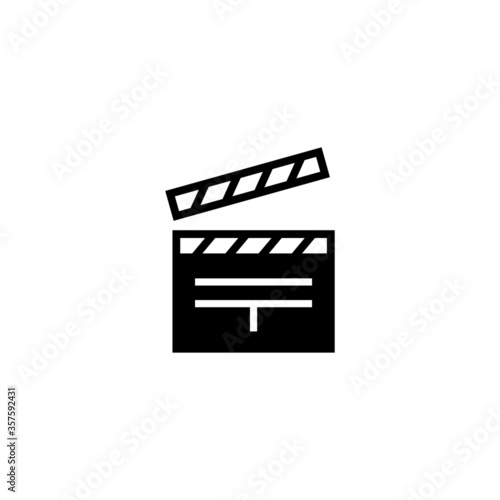 Clapper board icon in black flat glyph, filled style isolated on white background