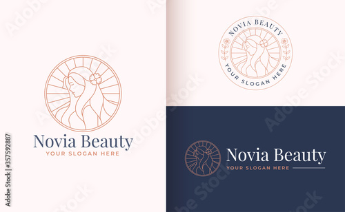 Line art floral women logo design