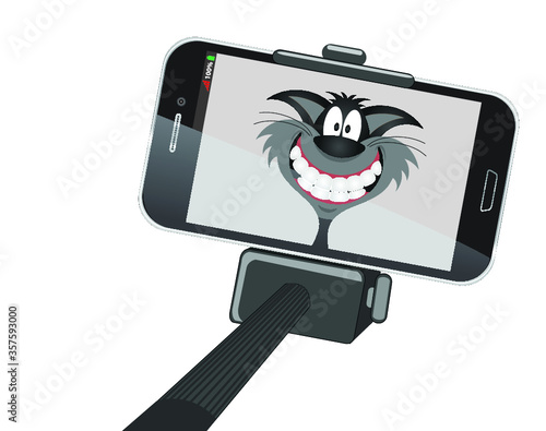 Comical cat taking a selfie photo on a generic mobile telephone to share on social media isolated on white background