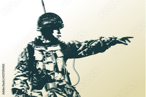 Vector images of a British Army Soldier pointing with radio communications equipment