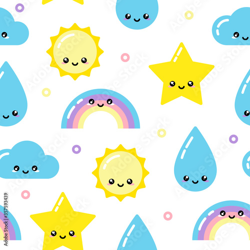 Kawaii weather seamless pattern with sky elements