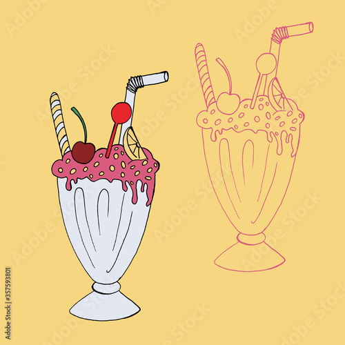 Hand drawn milk shake vector illustration. Collection of refreshing summer cocktails in glasses with cream and straw