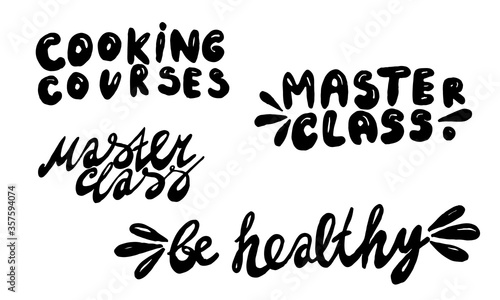 Handwritten vector typography for online cooking master class. Isolated lettering text. Hand drawn illustration. Collection of monochrome typographic inscriptions. Banner, poster template