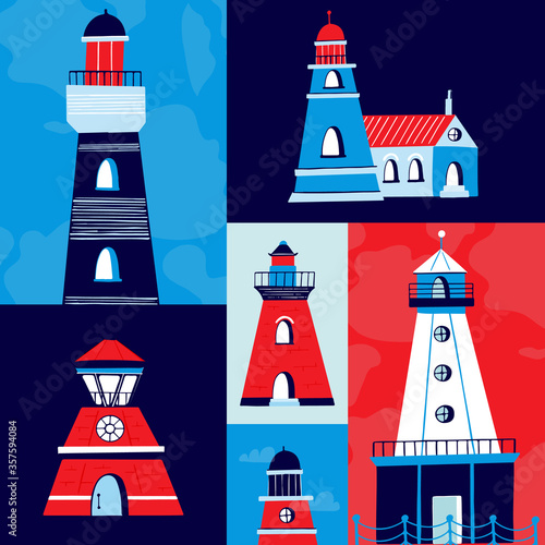 Vector handdrawn Ligthouses collection. Colorful lighthouse isolated photo