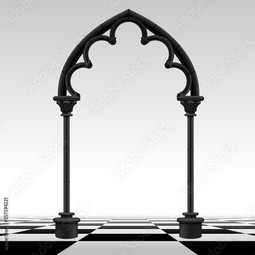 Black gothic arch and checkerboard floor isolated on white